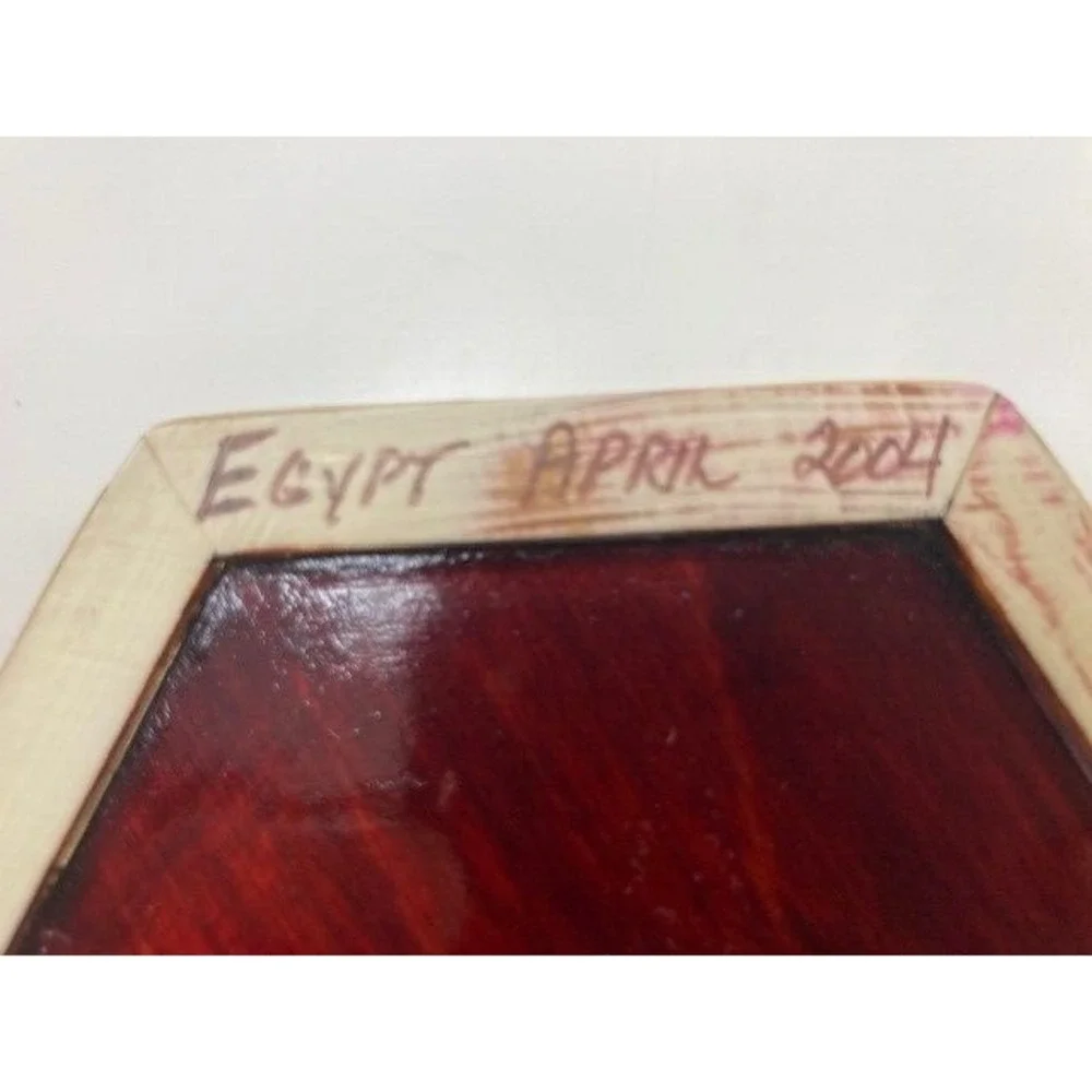 Vintage Egyptian Wood & Mother Pearl Inlay Trinket Box Lined Red Velvet  Hexagon - Picture 8 of 10
